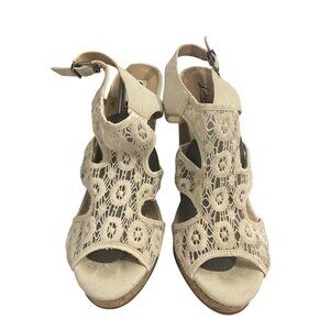 Lucky Brand Women's 10M Beige Lace Cork Wedge Sandals Size